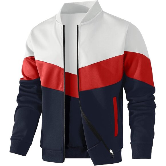 Men's White/Red/Blue Lightweight Jacket Color Block Casual Bomber Jacket - Picture 1 of 6
